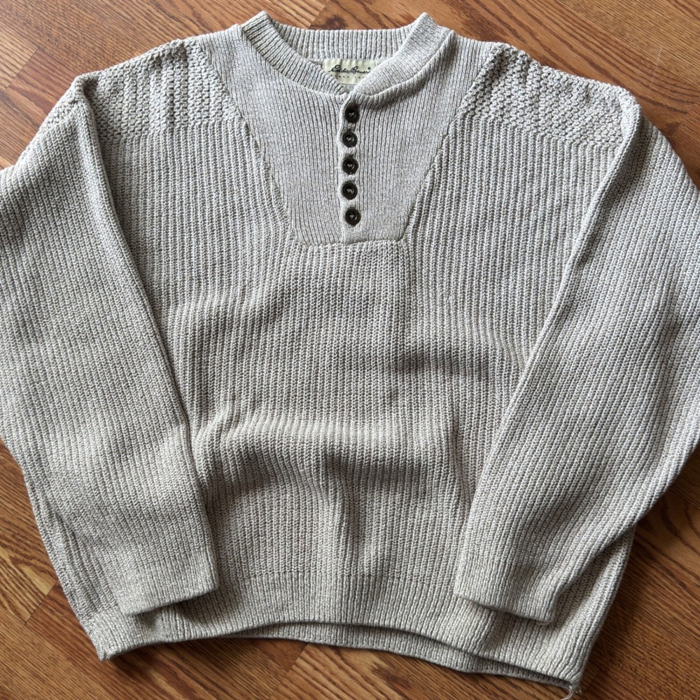 Eddie Bauer Henley Sweater Mens XL Beige Vintage 90s Cotton Knit Made in USA